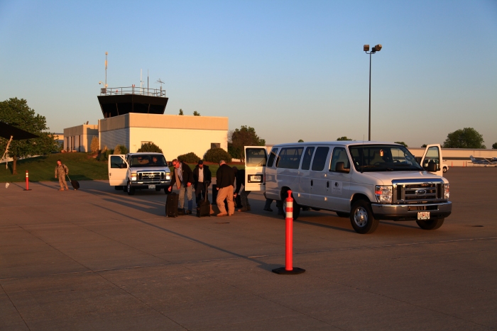 11 April 2012: Aircrews and Boeing maintenance personnel arrive at sunrise at Spirit of St. Louis Airport for an early morning departure.