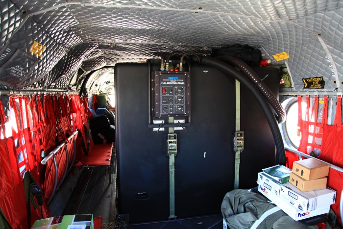 9 April 2012: Each aircraft was fitted with an Extended Range Fuel System (ERFS II) tank manufactured by Robertson Aviation. This provided an additional 5,000 pounds of fuel (11,300 total or about 4.8 hours of flight time) for each leg of the trip.