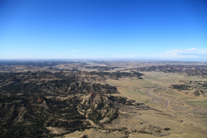 12 April 2012: The flight crossed over the Powder River in south eastern Montana just north of the Wyoming state line. In the distance, the Big Horn Mountains are just coming into view.