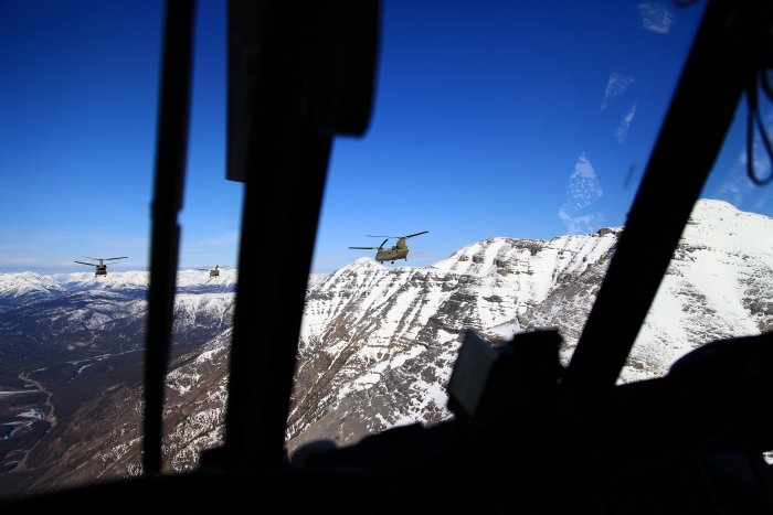 18 April 2012: As Sortie 1 progressed towards destination flying northwest into the northern Rocky Mountains, the terrain became quite rugged. The flight stayed ever close to the ALCAN. Temperatures hovered around minus 4 degrees Celsius at 6,500 feet mean sea level (MSL).