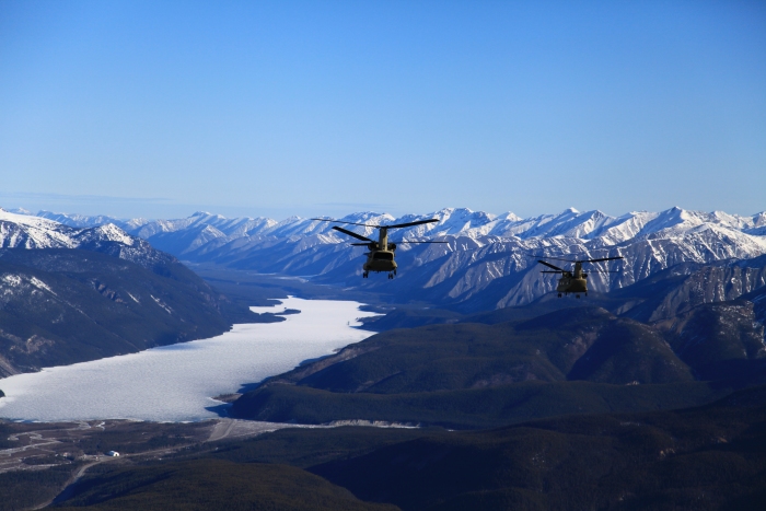 18 April 2012: Sortie 1 passes over Muncho Lake. Midway up the lake on the right is the freshly plowed runway. The mountains to the right of the lake is part of the Sentinel Range, which is in the most northern part of the Rockiy Mountains. The tallest peak close the lake tops out at 7,898 feet. In another 25 nautical miles the flight would turn more westward and leave the Rocky Mountains behind.