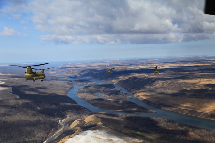 17 April 2012: Sortie 1 crosses the Peace River just east of Fort St. John and the route would somewhat parallel the Alaska Canada Hiway (ALCAN). The ALCAN begins at Dawson Creek, British Columbia and ends at Delta Junction, Alaska. From this point onward, the flight would remain close to the ALCAN in case the need arose to land for any reason.