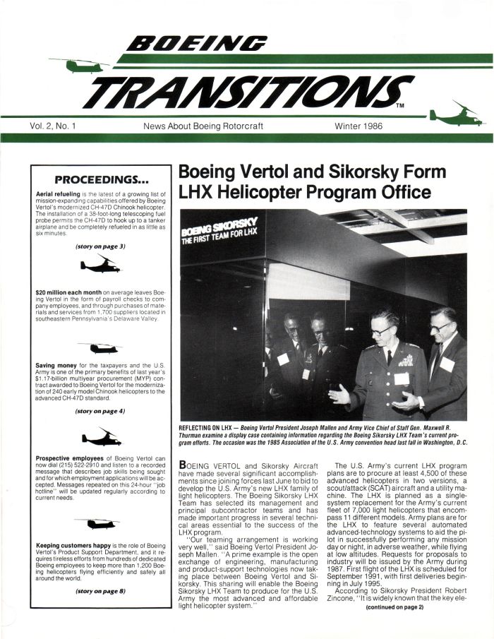 Boeing Transitions Newsletter - Winter 1986, Page 1.