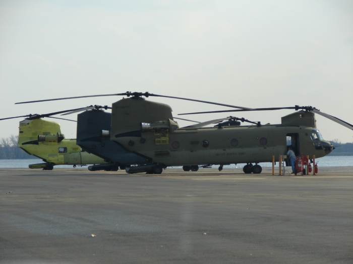 5 November 2009: F and G model H-47 Chinook helicopters sit on the ramp at the Boeing Helicopters Center 3 South facility in Ridley Park, Pennsylvania.