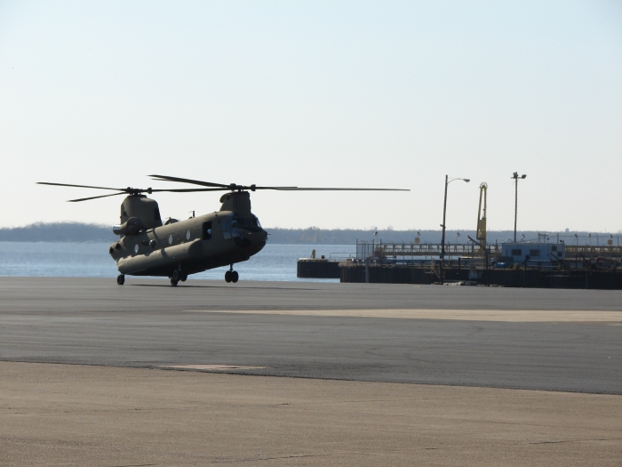 16 November 2009: An F model H-47 Chinook helicopter operates on the ramp at the Boeing Helicopters Center 3 South facility in Ridley Park, Pennsylvania.