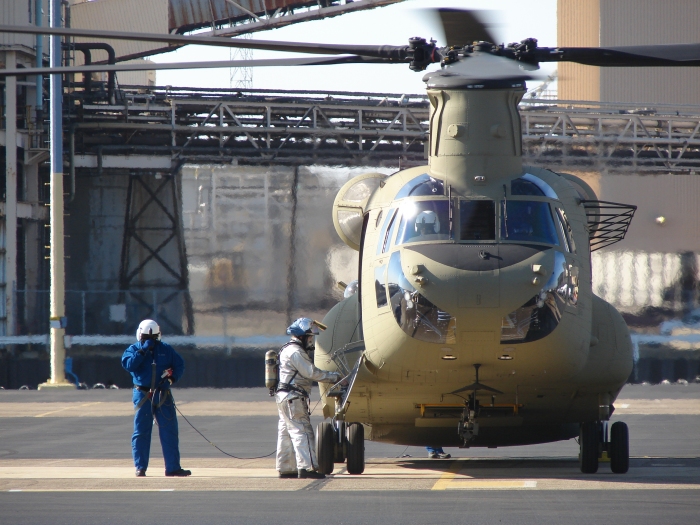 16 November 2009: Members of the Boeing Fire Department conduct rescue training utilizing an F model H-47 Chinook helicopter on the ramp at the Boeing Helicopters Center 3 South facility in Ridley Park, Pennsylvania.