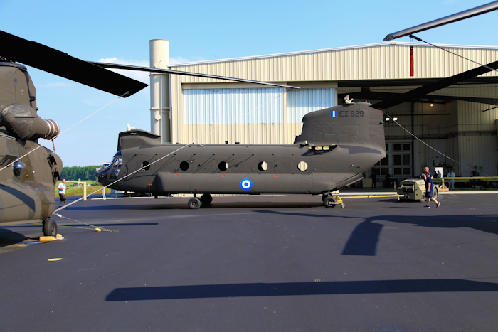 13 June 2017, SUMMIT, DELAWARE: A Greek CH-47D Chinook helicopter, formerly a U.S. Army CH-47D, rolls out of a paint shop.