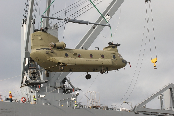 18 November 2010: CH-47F Chinook helicopter 07-08738 was the eighth aircraft to arrive at the dock.