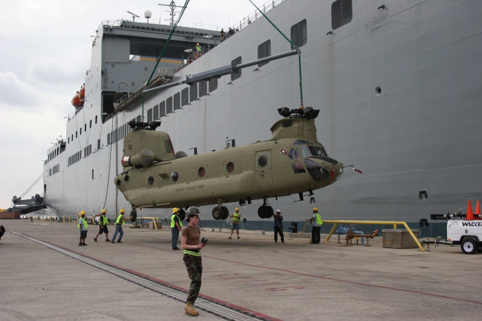 18 November 2010: CH-47F Chinook helicopter 07-08740 was the fourth aircraft to arrive at the dock.