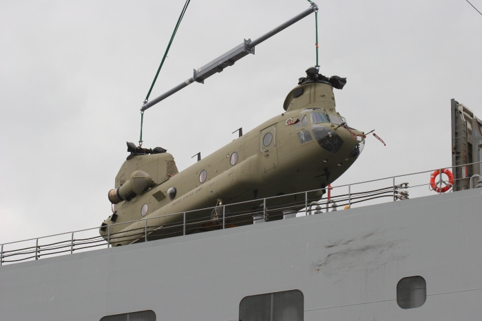 18 November 2010: Number two off the ship was CH-47F Chinook helicopter 09-08064.