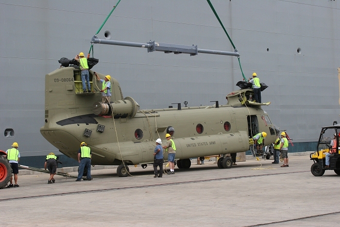 18 November 2010: CH-47F Chinook helicopter 09-08064 was sat down on the dock and quickly prepared for movement to the assembly area.
