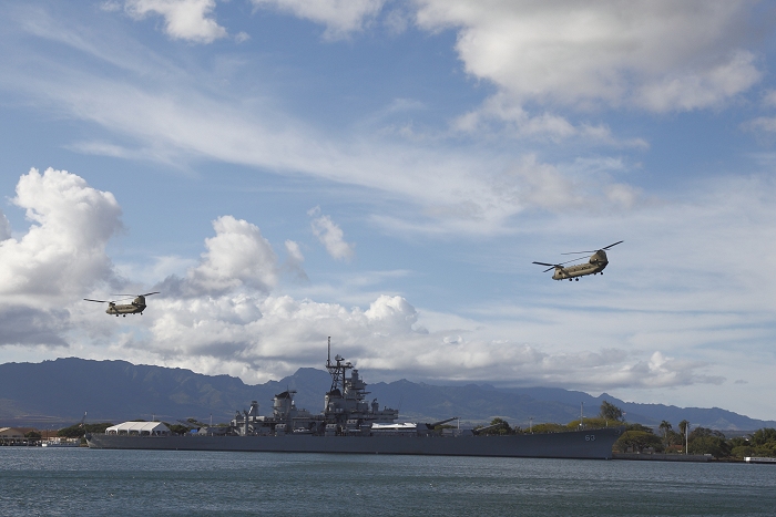 20 November 2010: Two CH-47F Chinook helicopters (09-08068 and 09-08067) fly past the USS Missouri enroute Wheeler Army Airfield, Hawaii. The lead aircraft was piloted by CW4 Jack Tartaglia and Craig Warren and the Flight Engineer was Jason Sims. The trail aircraft was piloted by "Z" Szumigala and Mark Morgan and the Flight Engineer was Matthew Nimmo.