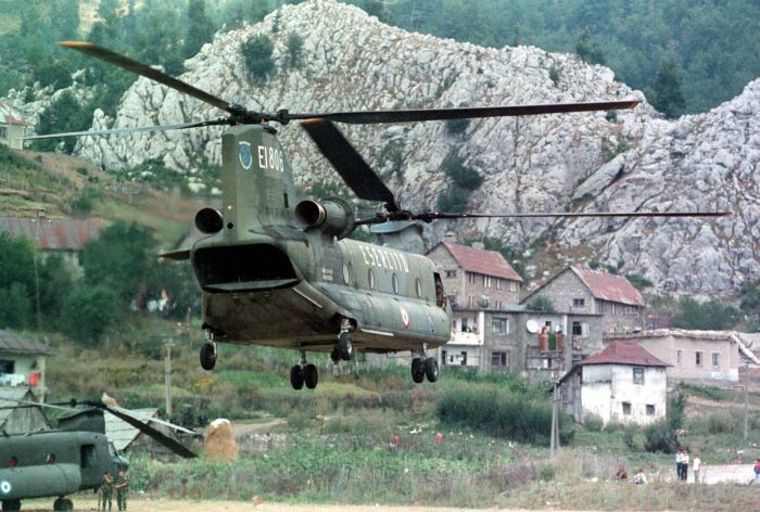Bize, Albania, 17 August 1998: Italian CH-47C Chinooks operate in Albania in support of the Allied Forces Southern Europe during Exercise Cooperative Assembly 98.