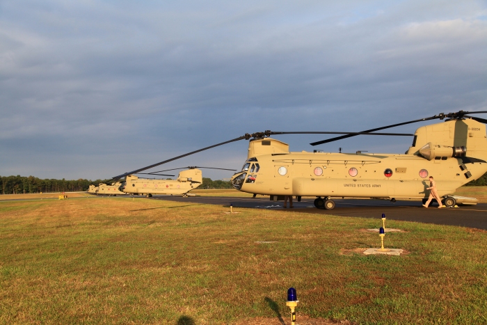 26 September 2012: Sortie Two of the CH-47F Chinook helicopter aircraft delivery ferry flight to Fort Riley awaits departure in the early morning light at Millville Municipal Airport, New Jersey.