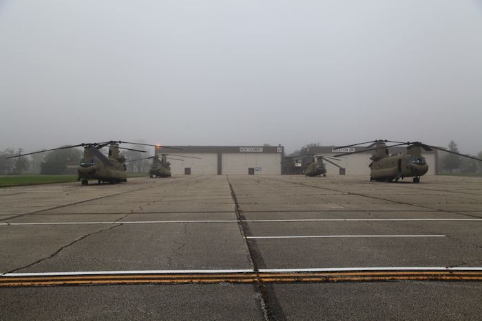 27 September 2012: Sortie Two of the CH-47F Chinook helicopter aircraft delivery ferry flight to Fort Riley is caught up in bad weather for most of the day at Gus Grissom Airport. Fog and low ceilings grounded the flight until late in the day.
