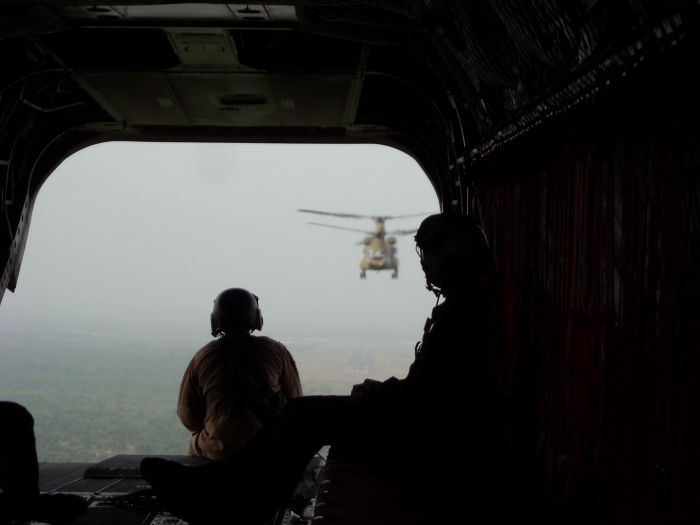 A CH-47F in flight over Liberia.