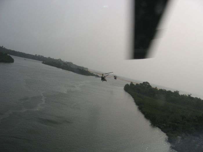 CH-47F Chinook helicopters in flight over Liberia