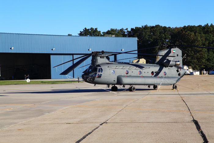 25 September 2012: Another United Arab Emirates CH-47F Chinook helicopter is ready for delivery. Tail number 2501 sits outside the hangar at Millville Municipal Airport (KMIV), New Jersey.