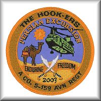 The unit patch of A Company - "Hook-ers", 5th Battalion, 159th Aviation Regiment, U.S. Army Reserve - Washington State, while on exercise in Southwest Asia, circa 2003.