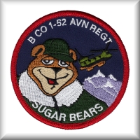 The unit patch of B Company - "Sugar Bears", 1st General support Aviation Battalion (GSAB), 52nd Aviation Regiment unit patch circa May 2012. Click-N-Go Here to view more unit patches.