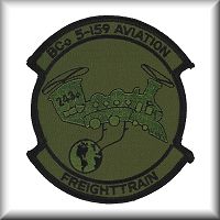 One of several new designed patches of the U.S. Army Reserve unit, B Company, 5th Battalion, 159th Aviation Regiment, Fort Eustis, Virginia, after the acceptance of the Vietnam era unit callsign "Freight Train" in honor of the 243rd Assault Support Helicopter Company (ASHC), circa 2003.