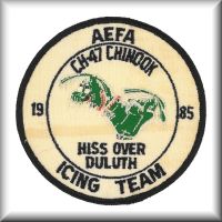 A patch from the period of the Chinook Helicopter Icing System tests. Note the ice building up on the frigid Chinook, circa 1985.