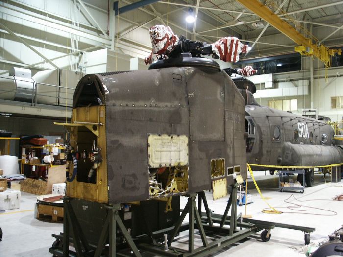 The CH-47 Aft Pylon of 87-00090 while under-going a Number One Engine Mount change at Knox Army Airfield,  Fort Rucker, Alabama, 9 November 2005.