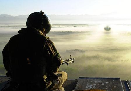 A view out the back of an RAF HC Mark II Chinook in Afghanistan.